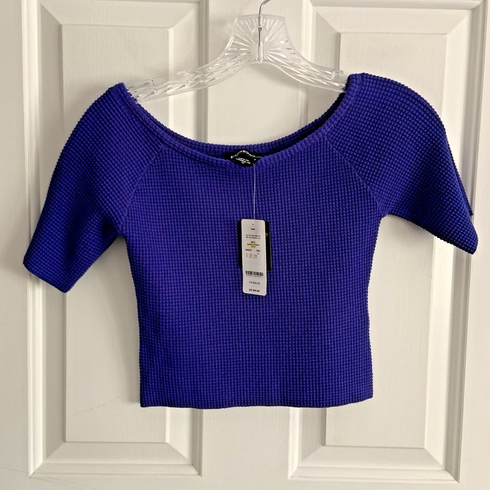 NWT Bebe Slim fit Waffle Knit Crop top wide round neck Blue Gorp Core Coquette S